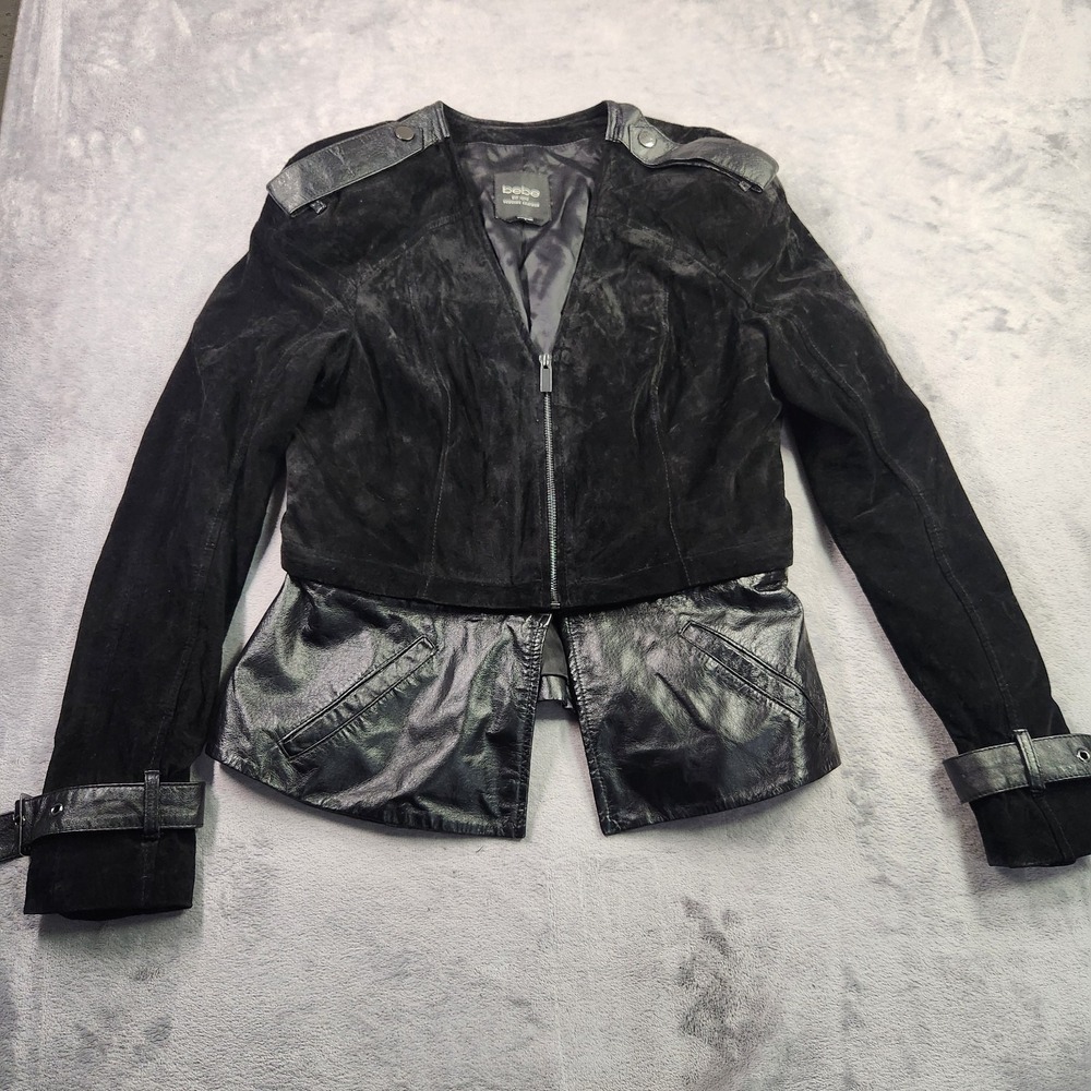 Bebe Black Convertible Suede & Leather Peplum Moto Crop Jacket Medium Y2k 90s